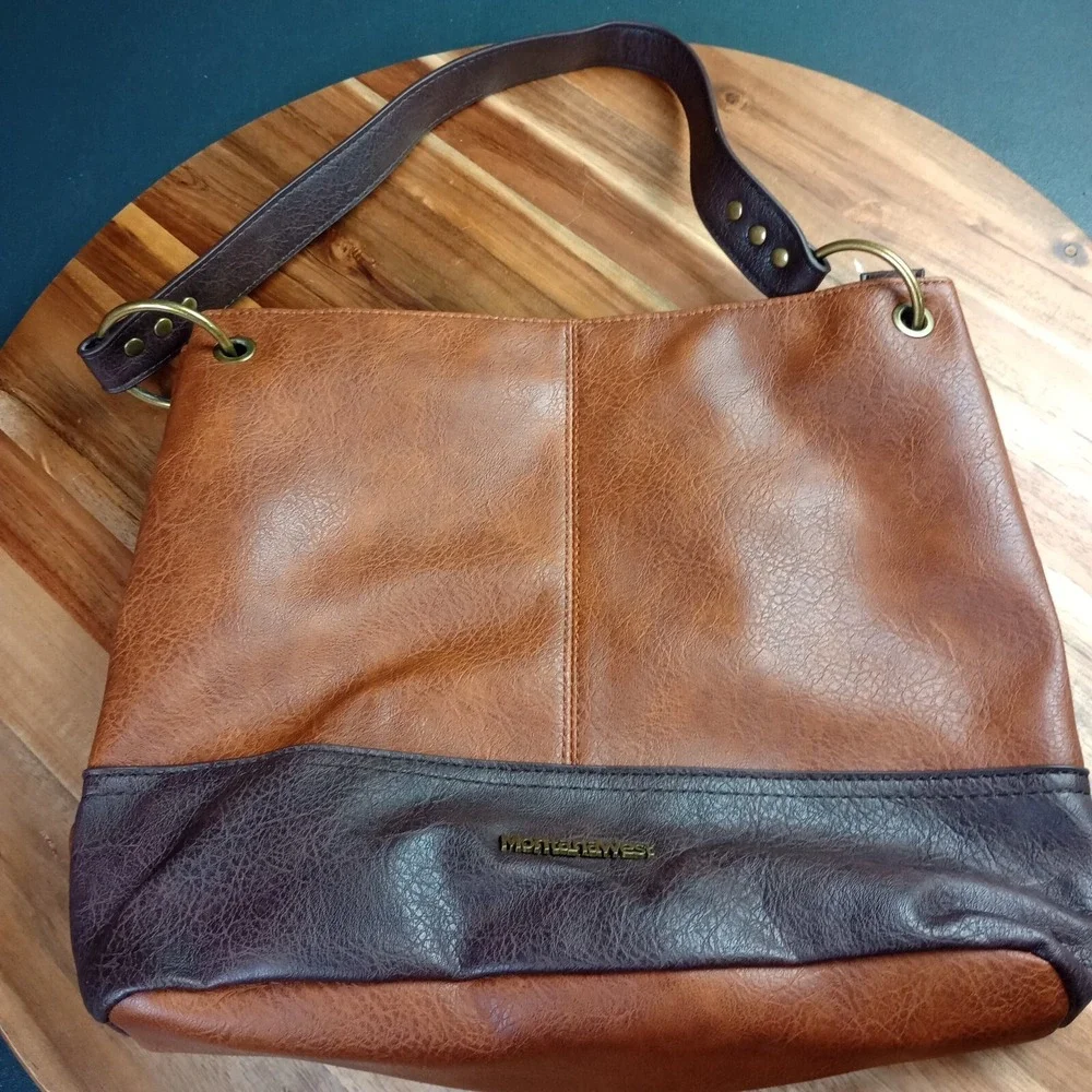 Montana West Brown‎ Two Tone Western Hobo Vegan Leather Tote Shoulder Bag Purse